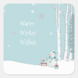 Pegatina Cuadrada Invierno cálido desea a Snowman con Verde azulado 