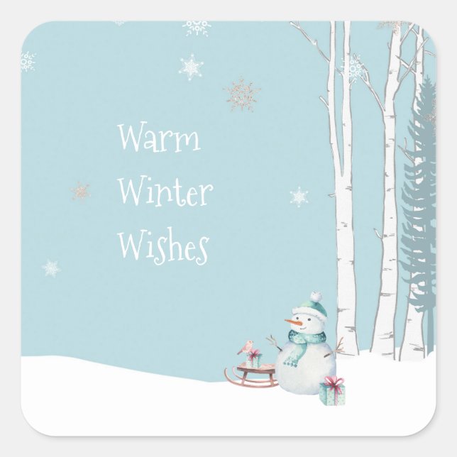 Pegatina Cuadrada Invierno cálido desea a Snowman con Verde azulado  (Anverso)