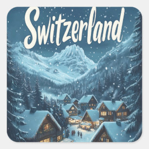 Pegatina Cuadrada Invierno en Suiza: Aldeas de montaña