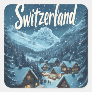 Pegatina Cuadrada Invierno en Suiza: Aldeas de montaña
