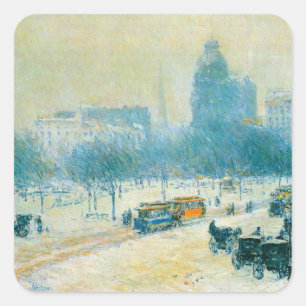 Pegatina Cuadrada Invierno en Union Square de Frederick Childe Hassa
