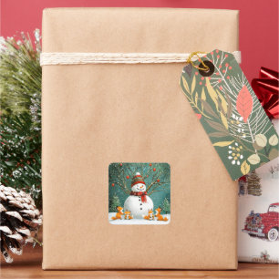 Pegatina Cuadrada Invierno escarpado Snowman Fox Wonderland