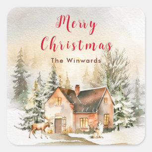 Pegatina Cuadrada Invierno Holiday Cottage Feliz Navidad