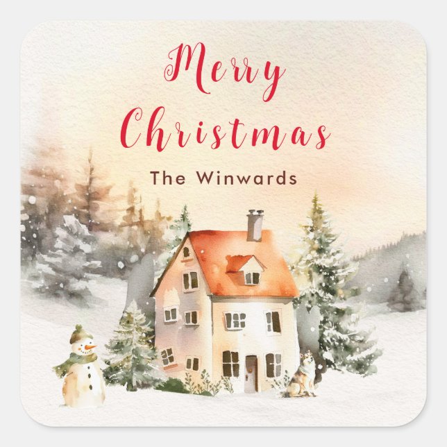 Pegatina Cuadrada Invierno Holiday Cottage Feliz Navidad (Anverso)