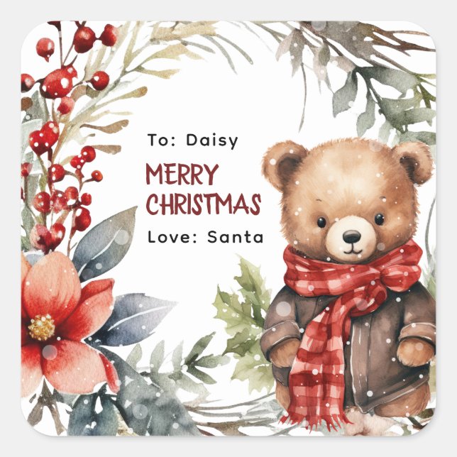 Pegatina Cuadrada Invierno lindo Teddy Bear niños Navidades regalo (Anverso)