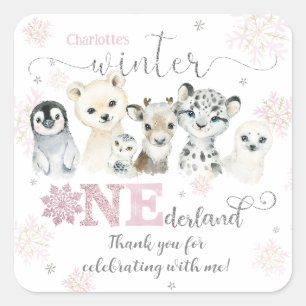 Pegatina Cuadrada Invierno ONEdeland Animales Árticos Nieve Cumpleañ
