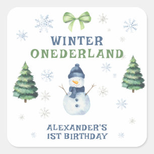 Pegatina Cuadrada Invierno Onederland Muñeco de Nieve Cumpleaños 1