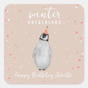 Pegatina Cuadrada Invierno Onederland Pink Birthday Penguin Confetti