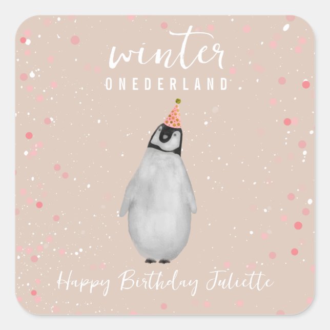Pegatina Cuadrada Invierno Onederland Pink Birthday Penguin Confetti (Anverso)
