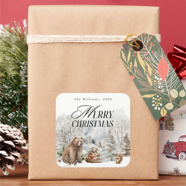 Pegatina Cuadrada Invierno Selva Elegante acuarela Feliz Navidad (Vacaciones)