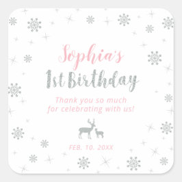 Pegatina Cuadrada Invierno terrestre, Plata y Rosa Primer Cumpleaños