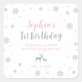 Pegatina Cuadrada Invierno terrestre, Plata y Rosa Primer Cumpleaños