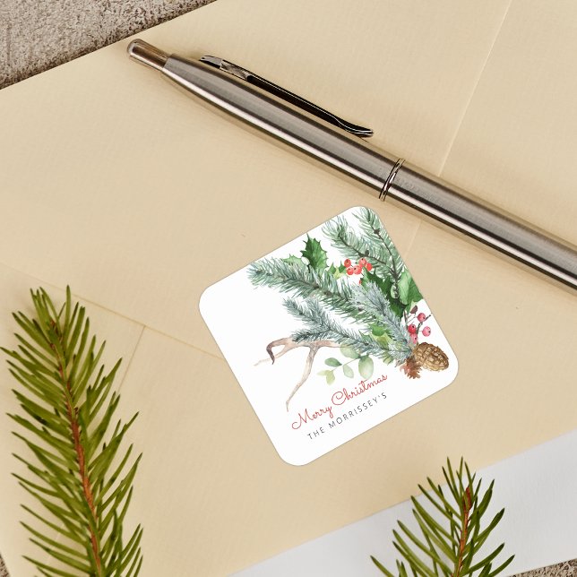 Pegatina Cuadrada Invierno Verdor Pinecone Antler Berries Holiday (Winter Greenery Pinecone Antler Berries Holiday Square Sticker)