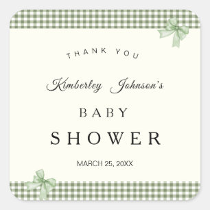 Pegatina Cuadrada Invitación a Baby Shower de Sage Green Gingham y B