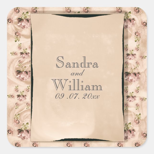 Pegatina Cuadrada Invitación a la boda de Rosas de época (Anverso)
