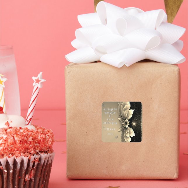 Pegatina Cuadrada Invitación a la Boda Floral de Oro Metálico Modern (Fiesta)