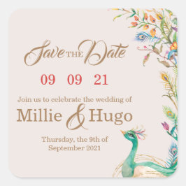 Pegatina Cuadrada Invitación a la boda temática del pavo real