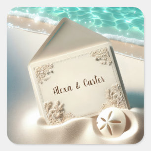 Pegatina Cuadrada Invitación a la boda tropical en una playa