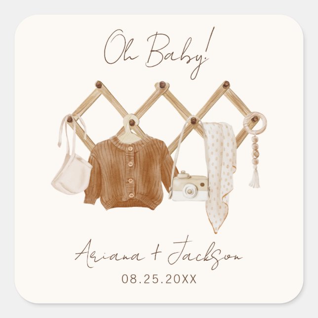 Pegatina Cuadrada Invitación a la ducha neutra para bebé boho (Anverso)