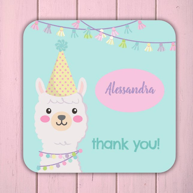 Pegatina Cuadrada Invitación a la fiesta de llama pastel (Subido por el creador)