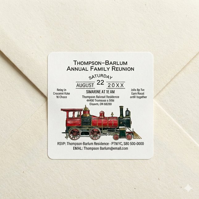 Pegatina Cuadrada Invitación a la Reunión de la Familia Red Train (Red Train Family Reunion Invitation Square Sticker)