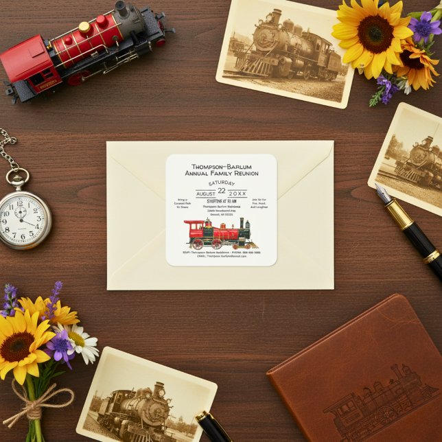 Pegatina Cuadrada Invitación a la Reunión de la Familia Red Train (Red Train Family Reunion Invitation Square Sticker)