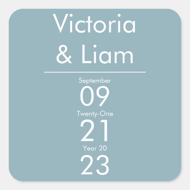 Pegatina Cuadrada Invitación a la simple boda azul moderna (Anverso)