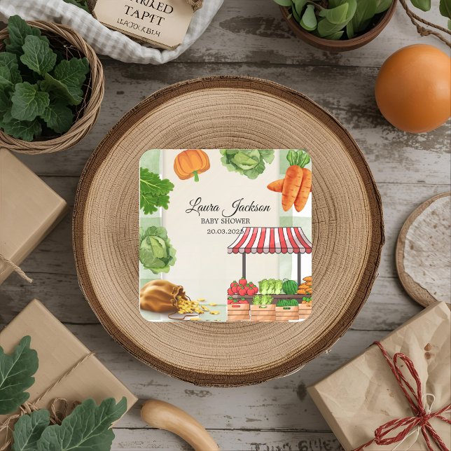 Pegatina Cuadrada Invitación de Baby Shower a los agricultores (Subido por el creador)
