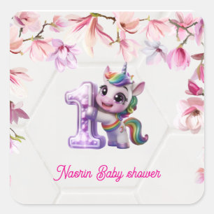 Pegatina Cuadrada Invitación de Baby Shower con Unicornio 