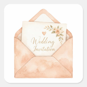 Pegatina Cuadrada Invitación de boda con acuarela en sobre rosa páli