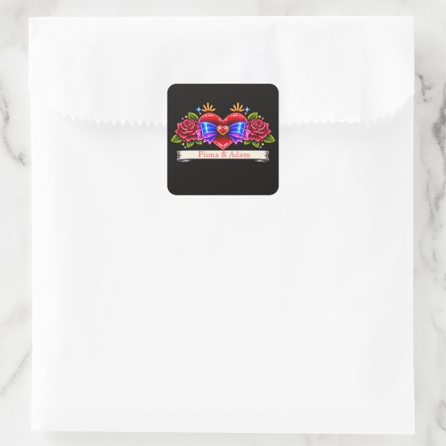 Pegatina Cuadrada invitación de corazón de estilo de tatuaje de neón (Bolso)
