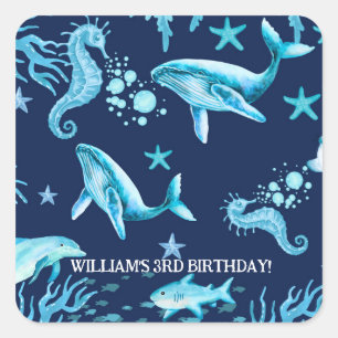 Pegatina Cuadrada Invitación de cumpleaños Bajo el Mar, niño del océ