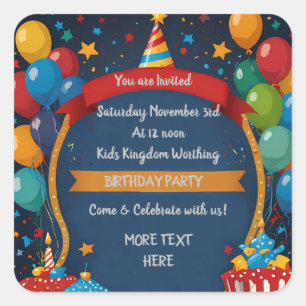 Pegatina Cuadrada Invitación de cumpleaños feliz