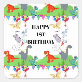 Pegatina Cuadrada Invitación de Cumpleaños para Niños de Dinosaurio 