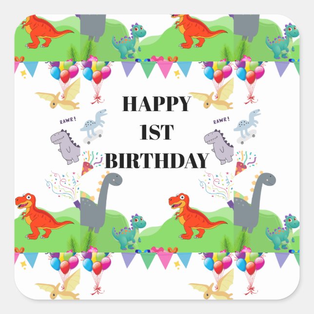 Pegatina Cuadrada Invitación de Cumpleaños para Niños de Dinosaurio  (Anverso)