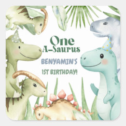 Pegatina Cuadrada Invitación de Fiesta de primer cumpleaños de Dinos