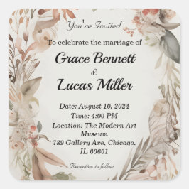 Pegatina Cuadrada Invitación floral simple a una boda suave