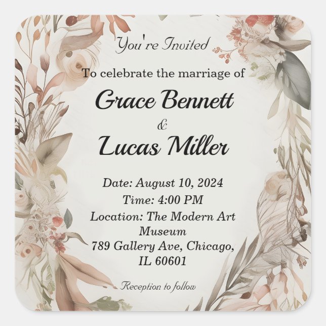 Pegatina Cuadrada Invitación floral simple a una boda suave (Anverso)