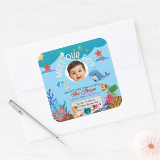 Pegatina Cuadrada Invitación para la Fiesta de Revelación de Bebé Ni