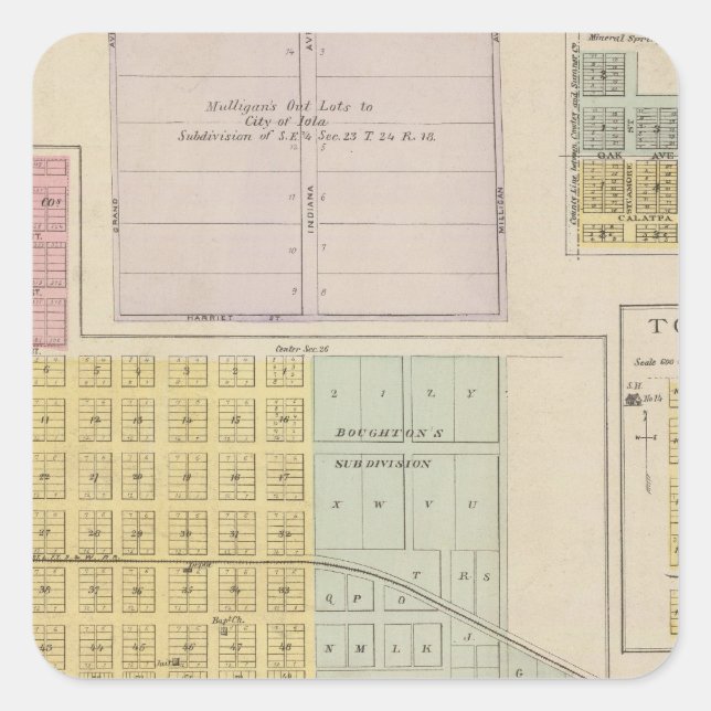 Pegatina Cuadrada Iola, Torrance y Kellogg, Kansas (Anverso)