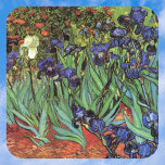 Pegatina Cuadrada Irises de Vincent van Gogh, Arte de Jardín Vintage<br><div class="desc">Irises (1889) de Vincent van Gogh es un bello arte vintage post impresionsionismo paisaje floral con un jardín con iris morado barbudo cultivado por amapolas naranjas. Una sola flor blanca de iris está floreciendo al borde. Sobre el artista: Vincent Willem van Gogh (1853-1890) fue uno de los pintores más famosos...</div>
