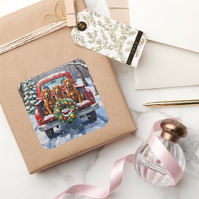 Pegatina Cuadrada Irish Red Setter Christmas Red Truck Holiday (Regalar)