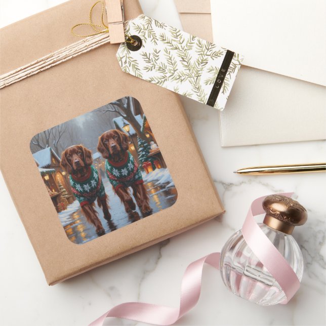 Pegatina Cuadrada Irish Red Setter Dogs Christmas Snow Holiday (Regalar)