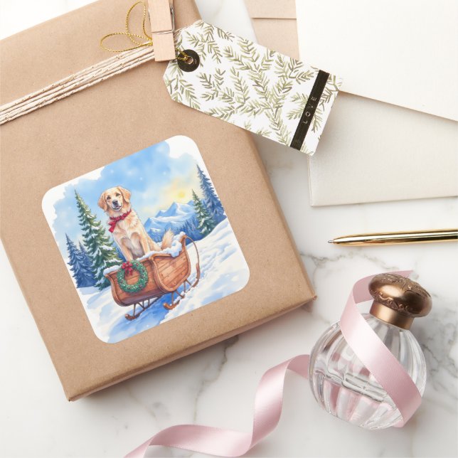 Pegatina Cuadrada Irish Setter Enjoying Christmas Sleigh Ride Winter (Regalar)