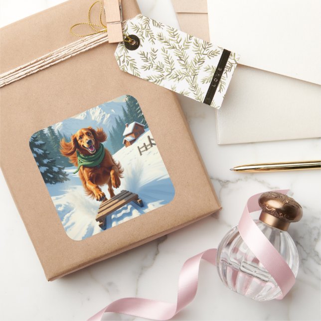 Pegatina Cuadrada Irish Setter Sledding Adventure Christmas Painting (Regalar)