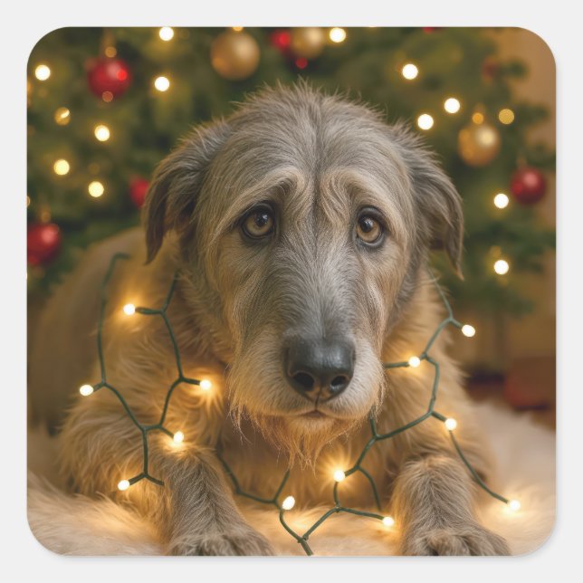 Pegatina Cuadrada Irish Wolfhound Tangled In Holiday Lights (Anverso)
