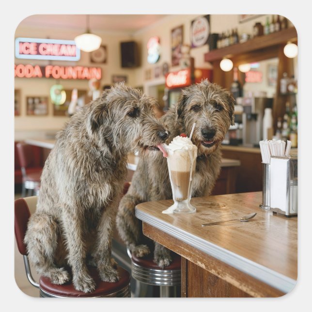 Pegatina Cuadrada Irish Wolfhounds Sharing a Milkshake (Anverso)