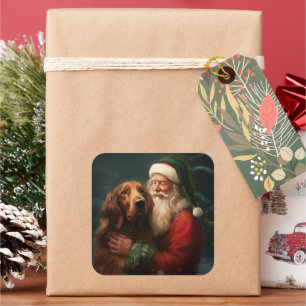 Pegatina Cuadrada Irlandés Setter Rojo Santa Claus Festivo Navidad
