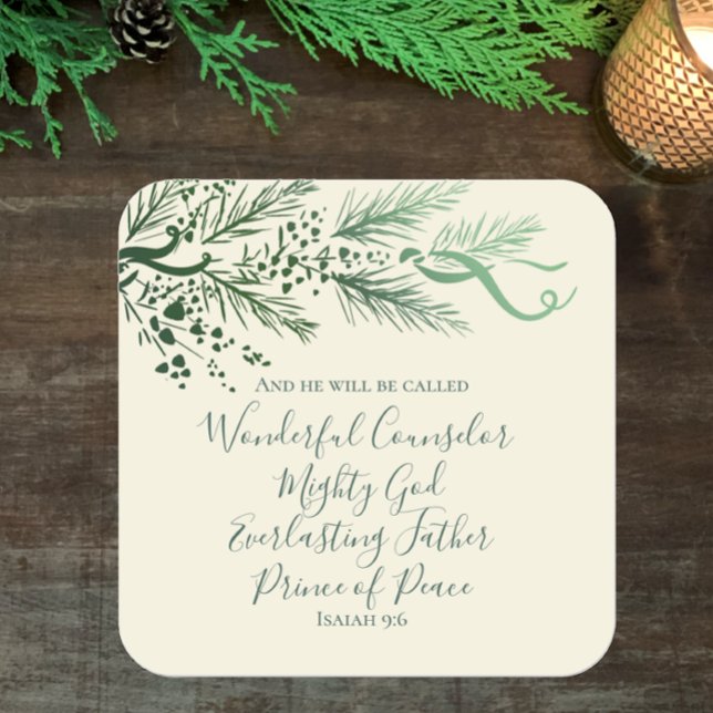 Pegatina Cuadrada Isaiah 9:6 Elegantes Navidades únicos de pino verd (Isaiah 9:6 Christian Bible scripture with unique sage greenery elegant script Christmas sticker 
)