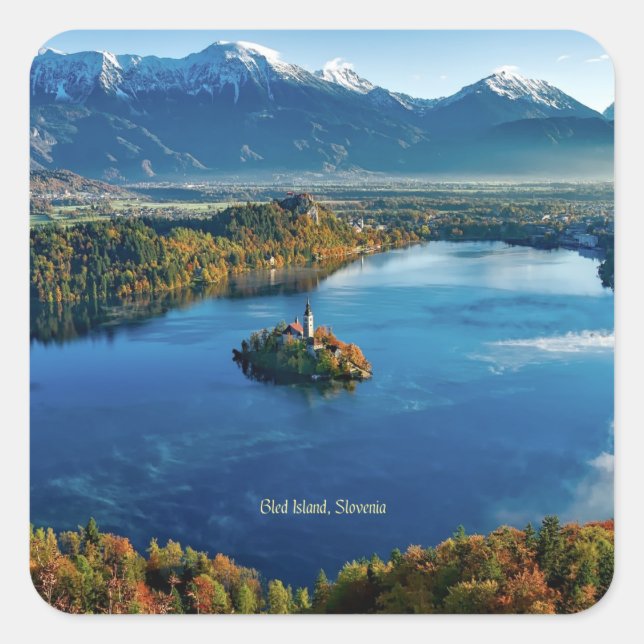 Pegatina Cuadrada Isla Bled, Eslovenia, escénica (Anverso)